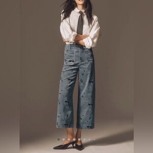 Anthropologie The Colette Crop Wide Leg Embroidered Corduroy Pants by Maeve